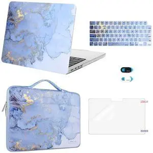 MOSISO Compatible with MacBook Pro 14 inch Case 2025-2021 M5 M4 M3 M2 M1 A3434 A3112 A3185 A3401 A2918 A2992 A2779 A2442, Watercolor Marble Hard Case&Bag&Keyboard Skin&Webcam Cover&Screen Film, Blue
