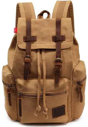 HuaChen Vintage Canvas Backpack with Leather Accents, Casual Daypack Travel Rucksack for Men Women,School College Hiking Camping M32-Khaki