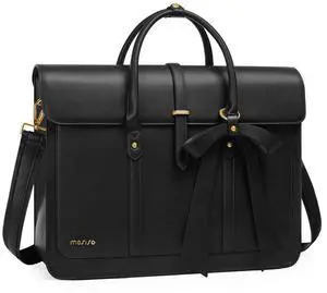 MOSISO Laptop Bag for Women, 15-15.6 inch PU Leather Laptop Shoulder Bags Convertible Backpack, 16 inch Messenger Bags Casual Handbag Work Briefcase Travel Computer Bag with Bowknot, Black