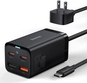 USB C Charger, Baseus 65W PD GaN3 Fast Wall Charger Block, 4-Ports [2USB-C + 2USB] Charging Station with 5ft Extension Cord for Steam Deck, MacBook Pro, iPhone 15/14/13, Samsung Galaxy, etc