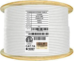 Elite CAT7A Shielded Riser (CMR), Ethernet Cable 1000ft Reel, Shielded Foil Twisted Pair (S/FTP) 23AWG, Solid Pure Bare Copper, 1000MHz, UL Certified, Easy Pull, Bulk Networking Cable - White