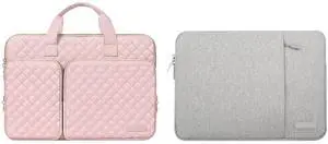 MOSISO Vertical & 360 Protective Square Quilted Laptop Sleeve Bag with 2 Pockets&Handle&Belt Compatible with MacBook Air/Pro, 13-13.3 inch Notebook, Compatible with MacBook Pro 14 inch,Gray&Chalk Pink