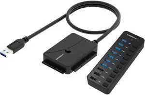 10 Port USB 3.0 Hub Includes 3 Smart Charging Ports with Individual Power Switches and LEDs and 60W 12V/5A Power Adapter+USB 3.0 to SSD/SATA/IDE 2.5/3.5/5.25-INCH Hard Drive