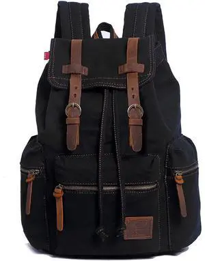 HuaChen Vintage Canvas Backpack, Casual Daypack Travel Rucksack with Leather for Men Women, 14 Laptop Compartment & Hidden AntiTheft Pocket, Hiking/School - M32 Black