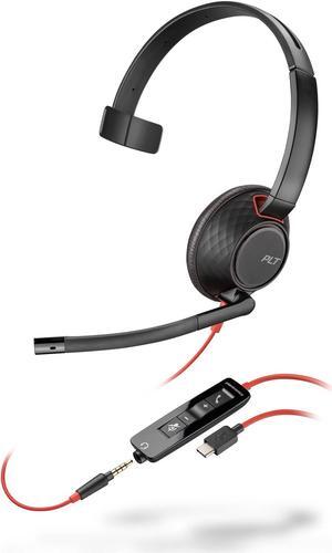 Poly Blackwire 5210 Wired Headset (Plantronics) - Flexible Noise-Canceling Boom Mic - Single-Ear Design - Connect to PC/Mac, Mobile via USB-C, USB-A, or 3.5 mm - Works w/Teams, Zoom -  Exclusive