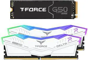 TEAMGROUP T-Force Delta RGB DDR5 32GB Kit (2x16GB) 6000MHz Desktop Memory (White) FF4D532G6000HC38ADC01 Bundle with G50 1TB NVMe PCIe Gen4 M.2 2280 Gaming SSD (Read 5000) TM8FFE001T0C129