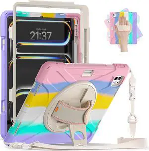 Batianda Case for iPad Pro 13-inch (2024) M4 Chip Model A2925 Heavy Duty Rugged Durability Silicone Tablet Cover with 360deg Rotating Hand Strap Foldable Hidden Stand & Shoulder Strap, Colorful Pink