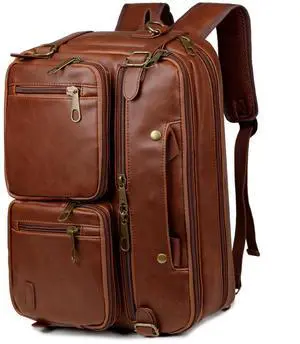 Baosha Leather Laptop Briefcase Backpack Hybrid Large 17 inch Laptop bag Travel Carry on Backpack Vintage for Men HB-22 (Brown)