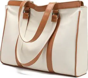 Laptop Bag 15.6 Inch with Zipper Pockets Canvas Work Tote Bags for Women Teacher Ladies, Off-White