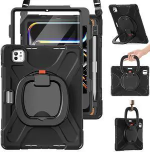 BRAECN Case for iPad Pro 11-Inch (M4) 2024, Heavy Duty Silicone Cover with Screen Protector, Pencil Holder, Shoulder Strap, 360° Rotating Handle Grip, Stable Kickstand for iPad Pro 11 2024, Black
