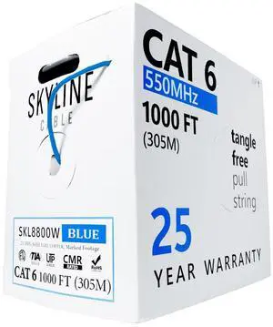 Skyline Cat 6, Solid Bare Copper, 23 AWG, 550 Mhz, CMR Rated, 1000ft Bulk Network Cable, (Blue)