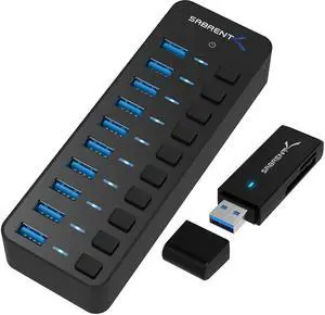 10 Port 60W USB 3.0 Hub with Individual Power Switches and LEDs Includes 60W 12V/5A Power Adapter+USB 3.0 Micro SD and SD Card Reader