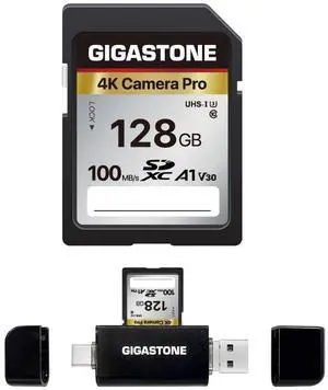 [5-Yrs Free Data Recovery] GIGASTONE 128GB SD Card with USB Type C Card Reader, 4K Camera Pro, A1 V30 U3 SDXC Memory Card Compatible with Canon Nikon Sony Panasonic Digital Camera, with 1 Mini case
