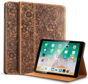 Gexmil Case for iPad mini 5th/4th/3rd/2nd/1st Generation 7.9 Inch 2019/2015/2014/2013/2012 Genuine Leather Cover Anti Slip,Cowhide Folio Cover Auto Sleep/Wake with Adjustable Stand,Floral Brown