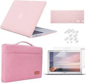 iCasso Case Compatible with MacBook Air 13 inch Case 2010-2017 Release Model A1369/A1466 Bundle Set, Plastic Hard Case Shell, Sleeve Bag, Screen Protector, Keyboard Cover and Dust Plug - Pink