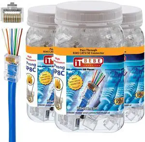 ITBEBE 300 Pieces - Gold Plated RJ45 Cat5, Cat5e Pass Through Connectors - 3 Prong 3u Pass Through 8P8C UTP Jack Ends