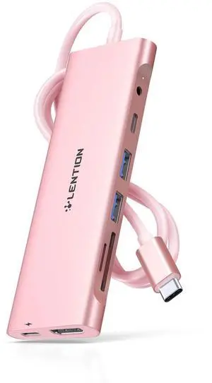 LENTION 3.3FT Long Cable USB C Hub with 4K HDMI, 2 USB 3.0, Card Reader, Aux, Type C Data/Charging Compatible 2023-2016 MacBook Pro, Mac Air/Surface, More, Stable Driver Adapter (CB-C37, Rose Gold)