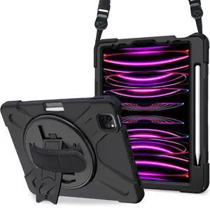 ProCase for iPad Pro 12.9 Inch Case 2022 2021 2020 2018, Rugged Heavy Duty Shockproof Cover with Hand Strap Shoulder Strap for iPad Pro 12.9" 6th 5th 4th 3rd Generation Black