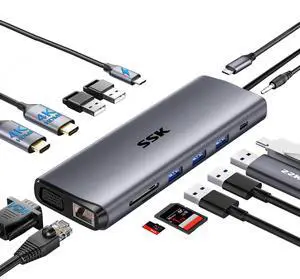 SSK USB C Laptop Docking Station Dual Monitor,14 in 1 USB C Hub Multiport Adapter with 2 HDMI,VGA,RJ45 Ethernet,5 USBA,1 USB C 3.1 Data Port, SD/TF,PD3.0, for Thunderbolt MacBook Pro Lenovo Dell HP