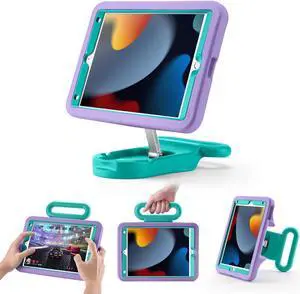 LeiJue Kids Case for iPad 7th/8th/9th Gen 10.2 inch,Adjustable Portrait/Landscape Stand/Drop Proof with Handle/Kickstand,Child Friendly Protective Cover for iPad 10.2 2021/2020/2019 (PurpleGreen)