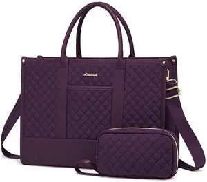 LOVEVOOK Laptop Bags for Women, 15.6 inch Waterproof Work Tote Bag with Clutch, Professional Teacher Computer Purse Lightweight Shoulder Bag Travel, Quilted Purple