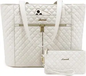 LOVEVOOK Women's 15.6 inch Diamond Quilted Work Tote, Stylish Travel Tote Bag Laptop Purse Briefcase Case Handbag with Clutch Bag, Off-white