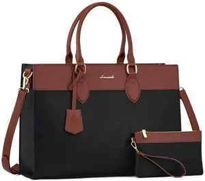 LOVEVOOK Laptop Bag for Women, 17.3 inch Leather Tote Bag Work Business Office Bag Waterproof Briefcase Computer Handbag Shoulder, Black-Brown