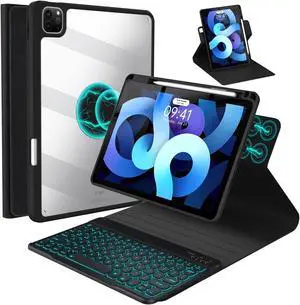 BLUTLOTUS Keyboard Case for iPad Air 5th 4th Generation 10.9 inch,Pro 11 1st/2nd/3rd/4th,360deg Rotatable Magnetic Case with Pencil Holder Groove Design,7 Color Backlit Wireless Keyboard (Black)