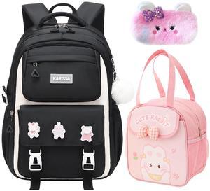 Rubytor 5PCS Kids Backpack Set Cute School Backpacks for Girls, Kawaii Teenage Laptop Bag 17in Fashion Daypack, Large Capacity Double Shoulder Backpack for Primary Elementary High School, Black