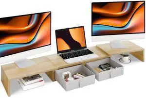 TEAMIX Dual Monitor Stand Riser - Length and Angle Adjustable White Monitor Stand with 2 Drawers to Storage Large Computer Riser for 2 Monitors/Laptop/PC, Wood Screen/TV Stand Desk Organizer (Maple)