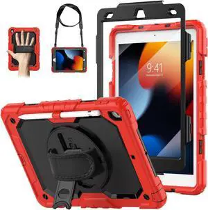 WEGLS Case for iPad 9th/ 8th/ 7th Generation 10.2'' with Screen Protector Pencil Holder, 360 Rotating Hand Strap & Stand, Protective Case for iPad 10.2 inch 2021/2020/2019 (Black/Red)
