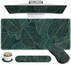 AnyShock 4 in 1Desk Mat for Keyboard and Mouse, Ergonomic Green Mouse Pad with Memory Foam Wrist Rest, Large Desk Pad Mat, Soft Wrist Support for Keyboard (Palm Leaves)