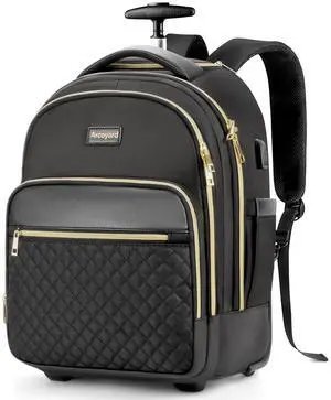 Arcoyard Small Rolling Backpack for Women, Lightweight Travel Backpack with Wheels, Roller Backpack for Adults, Water Resistant Rolling Laptop Bag, Wheeled Underseat Carry On Luggage, Black Gold