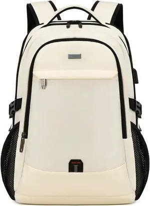 DUSLANG 17 Inch Laptop Backpack for Travel Water Resistant College Bookbag for Women Laptop Bag with USB Charging Port,Beige A