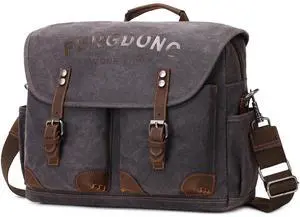 FENGDONG Mens Messenger Bag 15.6 Inch Vintage Waxed Canvas Genuine Leather Briefcase Leather Computer Laptop Bag Rugged Satchel Shoulder Bag Black Gray