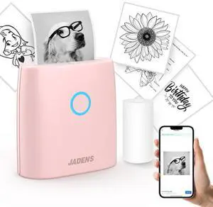 JADENS Mini Sticker Printer - 2 Inch Bluetooth Thermal Pocket Printer, Inkless Portable for Study Notes, Photos, Memos, Lists, Work Plans, DIY, Gifts, Journals, Pink