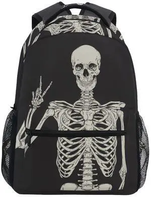 JIPONI Black Halloween Skull Skeleton Peace Backpack For Women Men, Student School Bag Bookbag Travel Laptop Backpack Purse Daypack