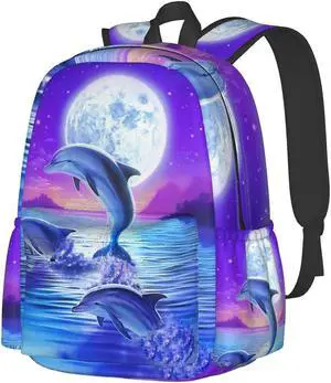 KiuLoam 17 Inch Backpack Dolphin Jumping Under Moonlight Laptop Backpack Shoulder Bag School Bookbag Casual Daypack