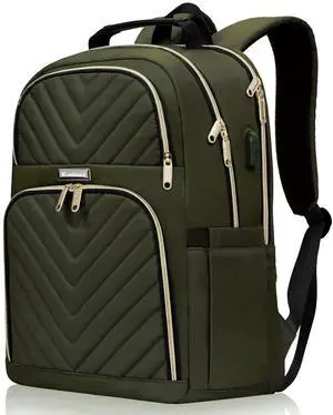 Kuosdaz Travel Laptop Backpack, School Backpack for Teen Girls Boys,15.6 Inch Large Quilted College Bookbag for Women Men with USB Charging Port, Army Green