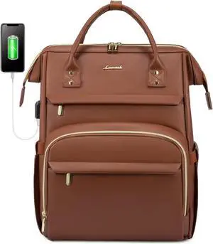 LOVEVOOK Leather Laptop Backpack for Women 15.6 inch,Travel Purse Nurse Teacher Carry On Backpack Computer Bag,Professional College Business Work Bags with USB Port,Brown