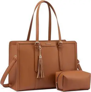 LOVEVOOK Laptop Bag for Women 15.6 inch Lightweight PU Laptop Tote, Large Capacity Computer Bag with Clutch Purse for Business, Work, Office, Travel, School, Casual (Brown & Leather)