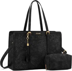 LOVEVOOK Laptop Bag for Women Vintage Leather Laptop Tote 15.6 inch Large Capacity Computer bag with Clutch Purse for Work
