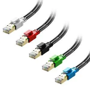 Cat 8 Ethernet Cable 6 ft 5 Pack, Nylon Braided High Speed Heavy Duty Network LAN Patch Cord, 40Gbps 2000Mhz RJ45 Flat Internet Cable Shielded in Wall, Indoor&Outdoor for Modem/Router/PC