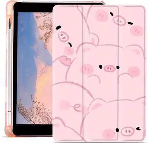 JOYLAND Cute Piggy Case for iPad 2022 10.9 Inch with Pencil Holder, Clear TPU Foldable Smart Stand Back Cover, for iPad 10th Generation Auto Wake/Sleep Full Body Protective Shockproof Protective Case