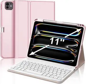 SENGBIRCH for iPad Pro 11 Inch Case Keyboard 2024, Smart iPad 11 Pro M4 Keyboard Case, Bluetooth Keyboard for Pro 11'' Tablet Case with Pencil Holder, Auto Wake/Sleep Leather Folio, Pink