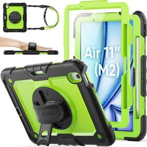 SEYMAC stock Case for iPad Air 11 inch Case M3/ M2 (2025/2024), for iPad Air 6th Generation, Heavy Duty Protective with Pencil Holder, Screen Protector, Stand, Hand Strap, Shoulder Strap, Green