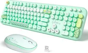 Wireless Keyboard and Mouse, SQMD Colorful Typewriter Retro Keyboard with Round Keycaps, 2.4GHz USB Full-Size Keyboard and Mouse Set for Mac PC Desktop Laptop (Green Colorful)