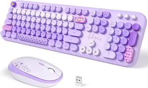 Wireless Keyboard and Mouse, SQMD Colorful Typewriter Retro Keyboard with Round Keycaps, 2.4GHz USB Full-Size Keyboard and Mouse Set for Mac PC Desktop Laptop (Purple Colorful)