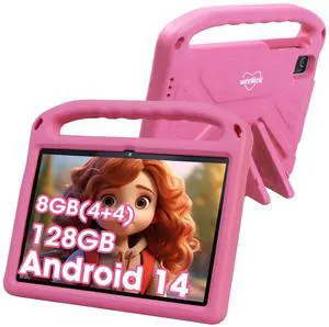weelikeit 2025 Upgraded Kids Tablet, 10 Inch Android 14 Tablet for Kids, 8GB (4+4) RAM + 128GB Storage, 6000mAh Long Battery, Dual Cameras, Great Tablet for Toddlers, Case Included (Pink)