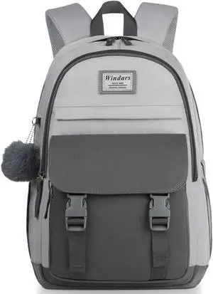 WINDARS School Backpack for Teen Girls, Cute College Backpacks for Women Students Aesthetic Bookbag Large 15.6 Inch Laptop Bag Middle School Travel Back Pack (Dark Grey & Light Grey)